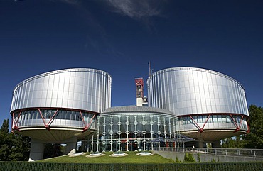 View of the European Court of Justice for human rights with the two cylindrical buildings of the court halls, Strasbourg, France