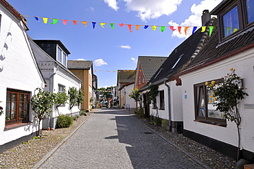 Westerstrasse Street in Maasholm, a fishing village, Baltic Coast, Schleswig-Holstein, Northern Germany, Europe