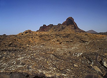 Landscape with "hornito" ( = crater-chimney), Montanas del Fuego (fire mountains) Parque Nacional de Timanfaya, Lanzarote, Canary Islands, Spain, Europe