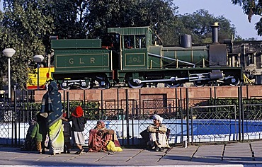 Small steam locomotive, displayed in front of Gwalior Railway Station, Gwalior, Madhya Pradesh, India, Southasia, Asia