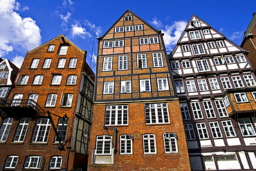 Historic timber framed merchant houses on the Nikolaifleet in the historic centre of Hamburg, Germany