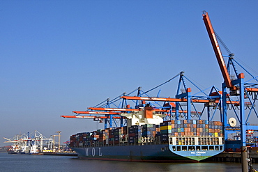 Container ship at the Eurokai container terminal, Hamburg Harbour, Germany, Europe