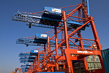 Container ships loading equipment at the Eurokai container terminal, Hamburg Harbour, Germany, Europe