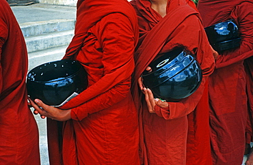 Begging monks with bowls, Burma, Asia