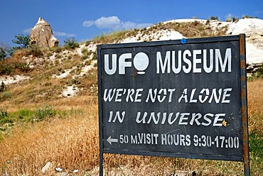 Indication sign for the UFO museum in Goereme, Kappadokia, Anatolia, Turkey