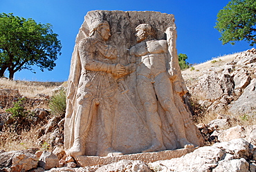 Stone relief, Mithridates and Hercules, Nemrut region, Anatolia, Turkey, Asia