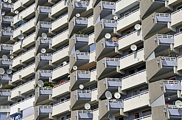 Residential building with balconies and satellite dishes, Chorweiler near Cologne, North Rhine-Westphalia, Germany, Europe