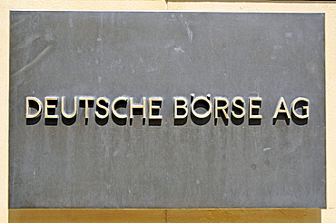 Deutsche Boerse, or German Stock Exchange, sign at the building entrance, Frankfurt, Hesse, Germany, Europe