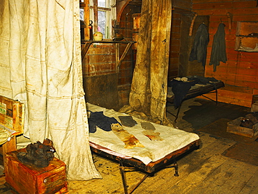 Shackleton's Hut at Cape Royds, interior with bed, Ross Island, Antarctica