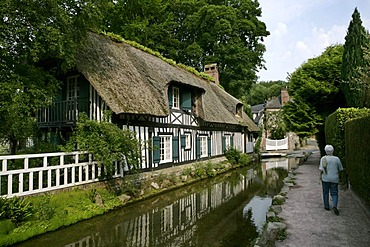 Half-timbered house with a thatched roof , River Veules , Veules-les-Roses , Seine-Maritime , Normandie , Frankreich , Europa