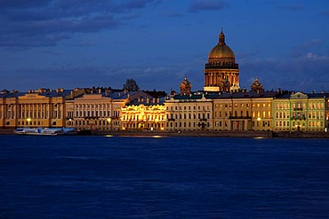 View on the Newa waterside at sundown, cupola of the cathedral St. Isaac , Saint Petersburg , Russia , East Europe