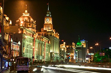 Illuminated buildings, the Bund, Huangpu River, Shanghai, China, Asia