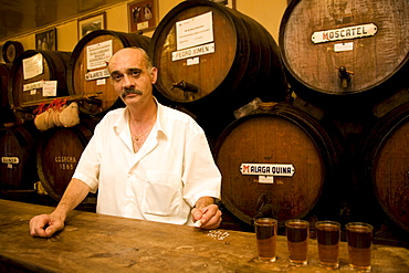 Waiter Juan keeping tab using chalk on the bar in Antigua Casa de Guardia, sherry barrels behind him, bodega in Malaga, Andalusia, Spain, Europe