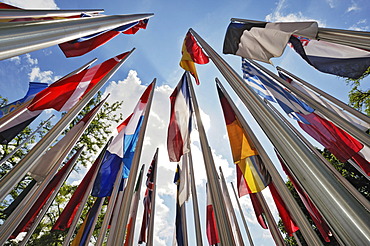 Various international flags on poles in the wind, Munich, Bavaria, Germany, Europe