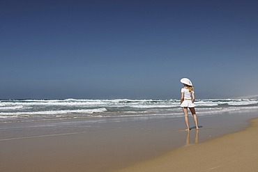 Woman on the beach, Punta Pesebre, Playa de Cofete, Jandia, Fuerteventura, Canary Islands, Spain, Europe