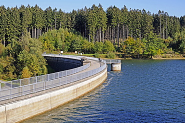 Dam with Bruchertalsperre Reservoir, Marienheide, Bergisches Land, North Rhine-Westphalia, Germany, Europe, PublicGround