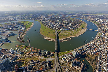 Aerial view, loop of the Rhine River, Oberkassel, Duesseldorf, Rhineland region, North Rhine-Westphalia, Germany, Europe