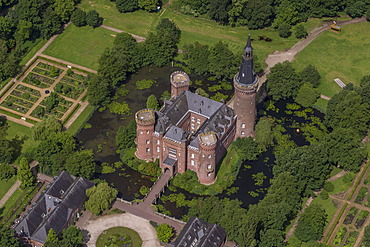 Aerial view, Schloss Moyland Caslte, neo-Gothic style, Bedburg-Hau, Lower Rhine region, North Rhine-Westphalia, Germany, Europe