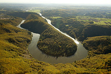 Aerial view, Saarschleife Mettlach Saar river bend, Saarland, autumn, Mettlach, Saarland, Germany, Europe