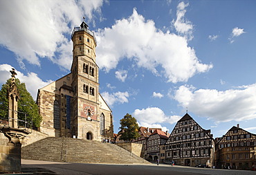 Protestant Parish Church of St Michael, left Gothic pillory, market square, Schwaebisch Hall, Baden-Wuerttemberg, Germany, Europe