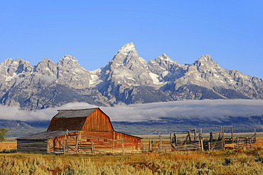 Old barn in front of Teton Range, Grand Teton National Park, Wyoming, USA