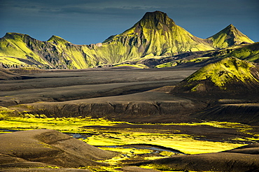 Moss-covered mountains, landscape surrounding Lake Langisjor, Highlands, Iceland, Europe