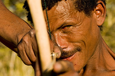 Bushman, San, with bow and arrow, near Andriesvale, Kalahari Desert, Northern Cape, South Africa, Africa