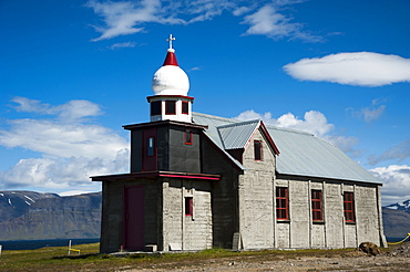 Church in the village of Selardalur built by Samuel Jonsson, Arnarfjoerdur fjord, Westfjords, Iceland, Europe