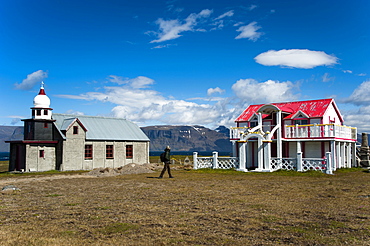 Church and house built by Samuel Jonsson, village of Selardalur, Arnarfjoerdur fjord, Westfjords, Iceland, Europe