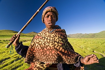 Young Basotho man wearing a traditional costume, shepherd, portrait, Drakensberg, Kingdom of Lesotho, southern Africa