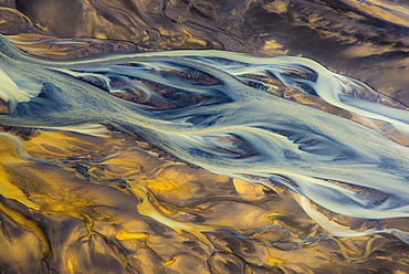 Aerial view, braided structure of the TungnaâˆšÂ° River, Icelandic Highlands, Iceland, Europe