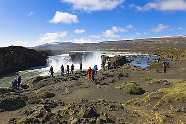 Tourists at Godafoss, waterfall of the gods, Iceland, Northern Europe, Europe