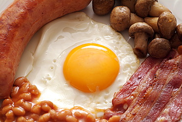 Traditional English Fried Breakfast of Sausage, Egg, Bacon, Mushrooms and Beans, Close Up.