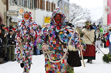 Men dressed in traditional carnival costumes, carnival parade, Maschkera, Mittenwald, Werdenfelser Land, Upper Bavaria, Germany, Europe