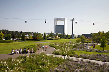 Cable car crossing over the garden show, Innovatoren entrance building designed by Jo Coenen at the rear, Floriade 2012, Horticultural World Expo, Venlo, Limburg, Netherlands, Europe