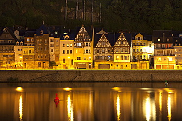 Half-timbered houses on the banks of the Moselle river at night, Cochem, Moselle river, Rhineland-Palatinate, Germany, Europe, PublicGround