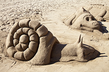 Sculptures made from sand, snail, Fuengirola, Costa del Sol, Andalusia, Spain, Europe, PublicGround