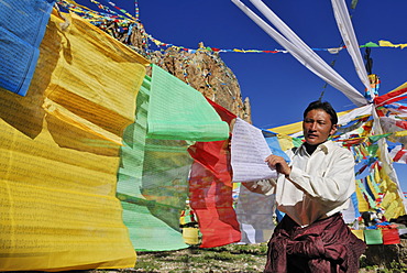 Tibetan pilgrim hanging prayer flags for the upcoming ceremony on Namtso Lake, Heavenly Lake, Tibetan, China, Asia