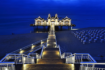 Illuminated pier, Baltic Seaside Resort Sellin, RâˆšÂºgen, Mecklenburg-Western Pomerania, Germany