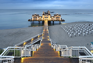 Illuminated pier, Baltic Sea resort of Sellin, Baltic Seaside Resort Sellin, RâˆšÂºgen, Mecklenburg-Western Pomerania, Germany