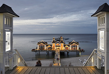 Illuminated pier, Baltic Sea resort town of Sellin, Ruegen Island, Mecklenburg-Western Pomerania, Germany, Europe