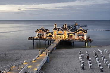 Illuminated pier, Baltic Sea resort town of Sellin, Ruegen Island, Mecklenburg-Western Pomerania, Germany, Europe