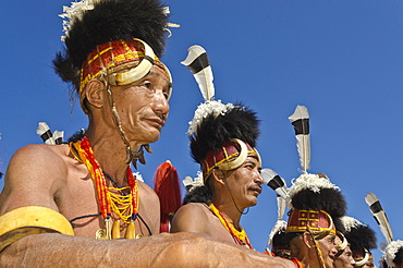 Konyak warriors with full gear at the annual Hornbill Festival in Kohima, India, Asia