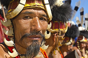 Konyak warriors with full gear at the annual Hornbill Festival in Kohima, India, Asia