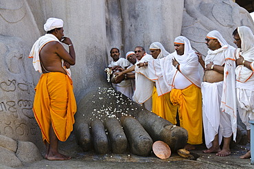 A group of Jain pilgrims doing a special pooja in front of the gigantic statue to receive the blessings of Bahubali by the local priests, Gomateshwara in Sravanabelagola, Karnataka, India, Asia