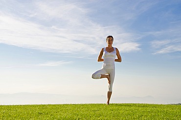 Young woman practising Hatha yoga outdoors, showing the pose vrikshasana, tree, Nove Mesto, Okres Teplice, Czech Republic, Europe