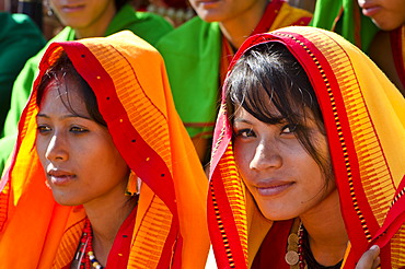 Young women of different tribes waiting to perform ritual dances at the Hornbill Festival, Kohima, Nagaland, India, Asia