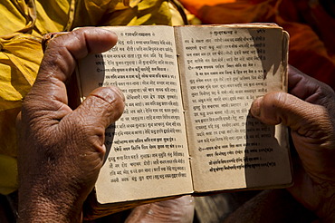 Sadhu reciting from the holy books in the morning, at Sangam, the confluence of the holy rivers Ganges, Yamuna and Saraswati, in Allahabad, Uttar Pradesh, India, Asia