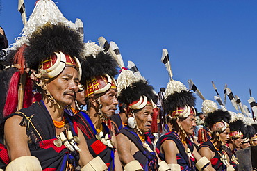 Konyak warriors fully decorated at Hornbill Festival, Kohima, India, Asia