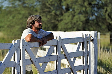 Smallholder looking over the wooden gate to the neighbouring fields cultivated by a great land owner, soybean plantation, Gran Chaco, Santiago del Estero province, Argentina, South America